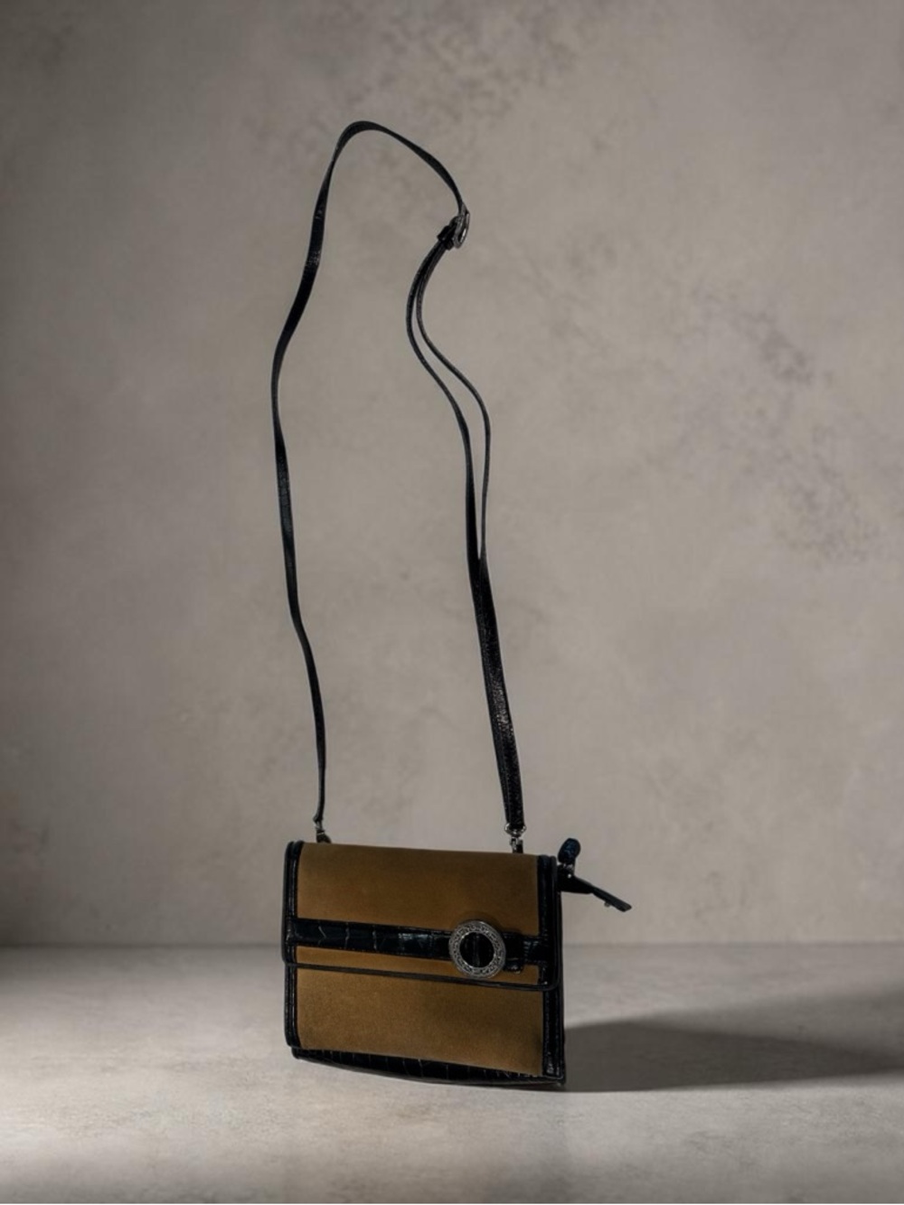 Brighton Suede and Leather Crossbody Bag with Black Trim - Tan - Picture 2 of 5